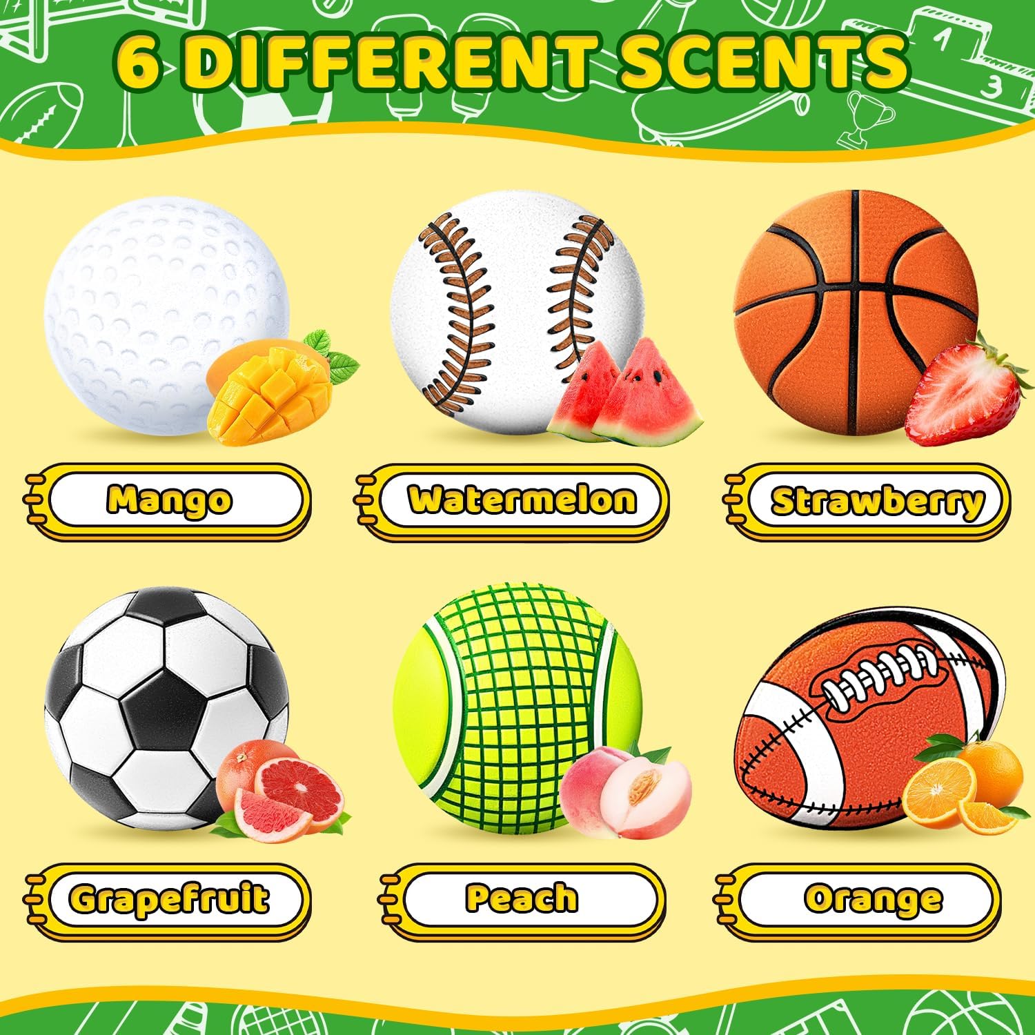 Bath Bombs for Kids, STEM 6-Pack Organic Handmade Bath Bomb Sports Themed, Basketball, Football, Rugby, Golf, Tennis Shapes, Mild Skin-Friendly SPA Toy, Nice Daily Reward and Holiday Gifts