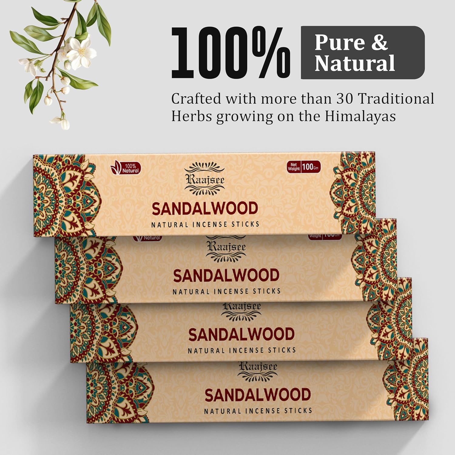 Raajsee Sandalwood Incense Sticks (180 gm), 100% Pure Organic Natural Hand Rolled Free from Chemicals - Sandalwood Incense Perfect for Aromatherapy, Cleansing, Meditation, and Church (Pack of 12)