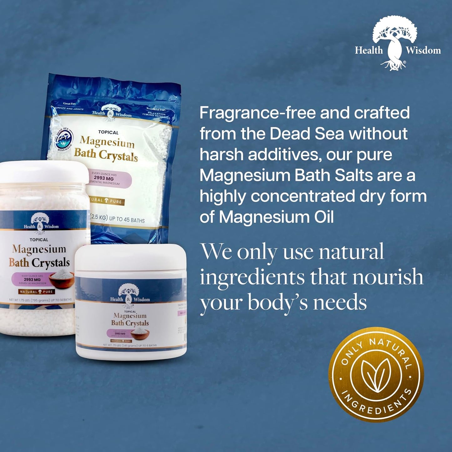 Health and Wisdom Magnesium Bath Crystals - Bath Salts with High Concentration & Enhanced Absorption for Muscle & Joint Relief - Dead Sea Sourced - Unscented - 1.75 lbs - Up to 14 Uses