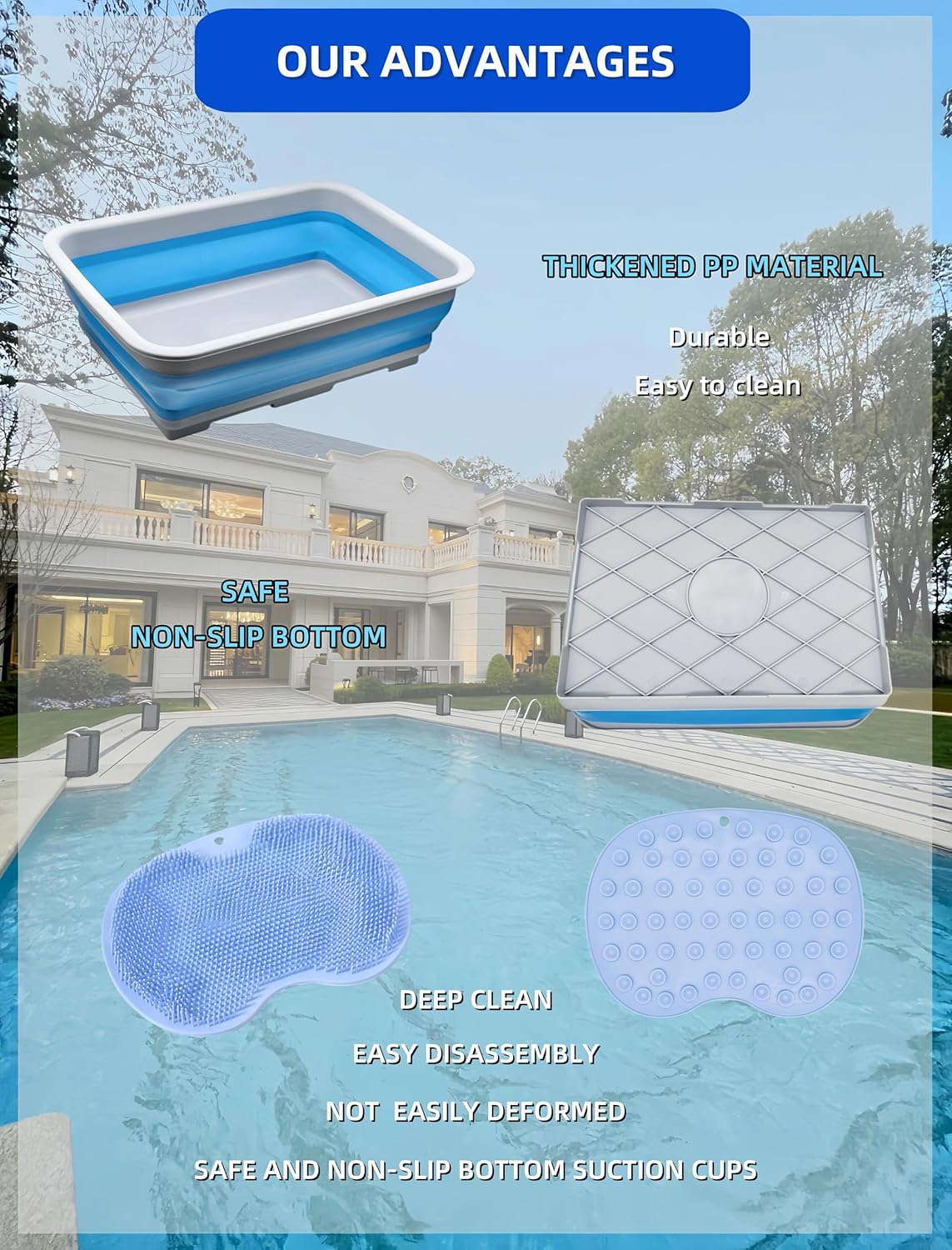 Collapsible Pool Foot Bath Tray, Portable Foot Wash Basin for Swimming Pool Ladder, Non-Slip Foot Rinse Tub for Beach & Hot Tub, Keeps Water Clean (with Blue Pad)