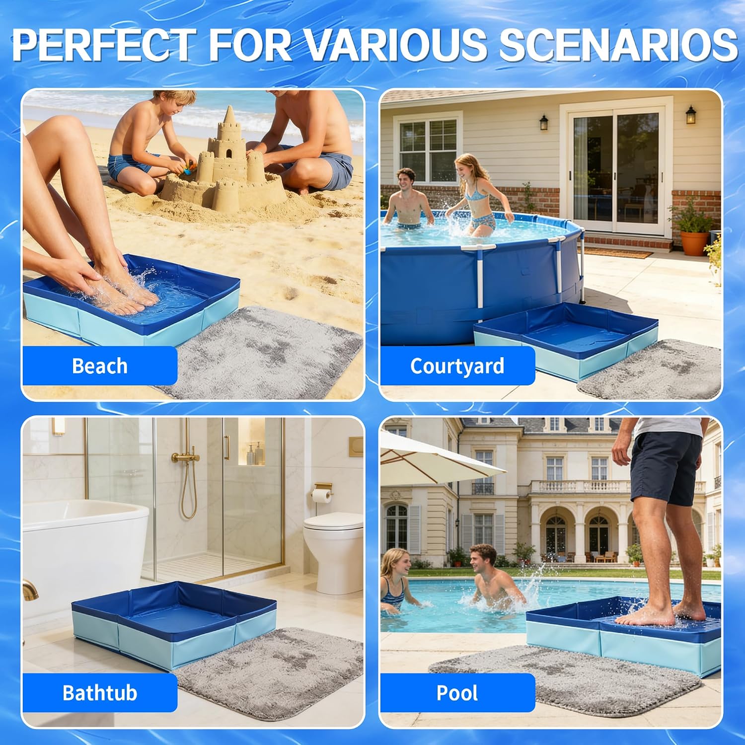 19.6"x19.6"x4.1" Lagre Pool Foot Bath Basin with Mats, Foldable Square Pool Foot Wash Tub for Above Ground Swimming Pools Spa Entry Ladder Pool Accessories Pool Clean Feet Accessory