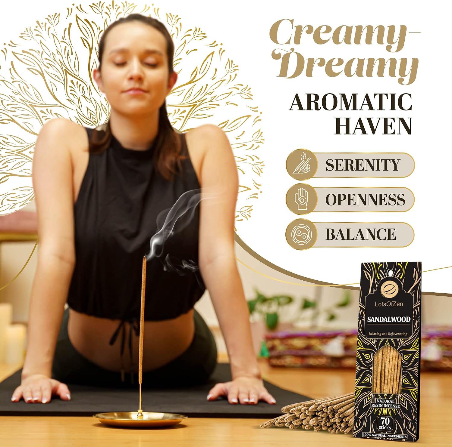 LOTS OF ZEN Sandalwood Incense Sticks (70 Pack) - Natural 7.8" Incense for Cleansing, Meditation & Spiritual Healing - Pure Sandal Wood Resin, Long-Lasting Burn Time