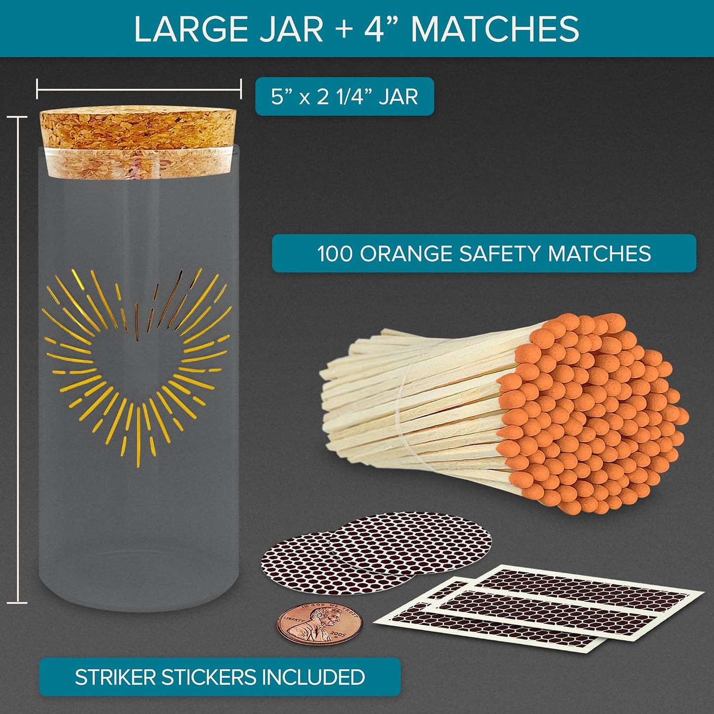 Decorative Matches in a Gold Heart Foil Glass Jar | 4" Orange Long Matches (100 match sticks) + Cork Top Glass Holder + Striker Stickers | Gifts, Décor, & Candle Accessories by Thankful Greetings USA