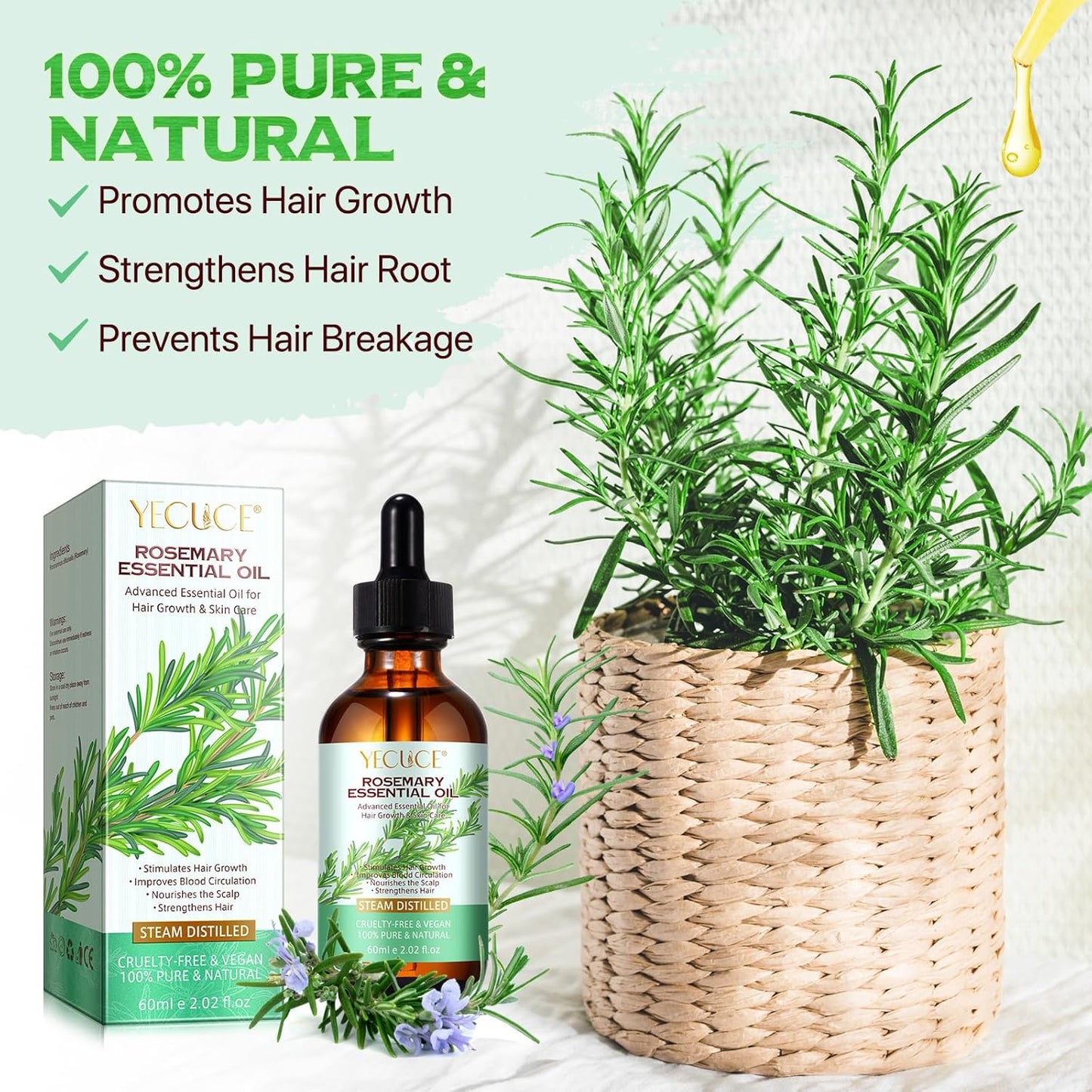 Rosemary Oil, 2.02 Fl Oz Pure Rosemary Essential Oil with with Glass Dropper - Undiluted Rosemary Massage Oil for Hair Growth Skin Care and Nails and Refreshing Aromatherapy Oil for Diffusers
