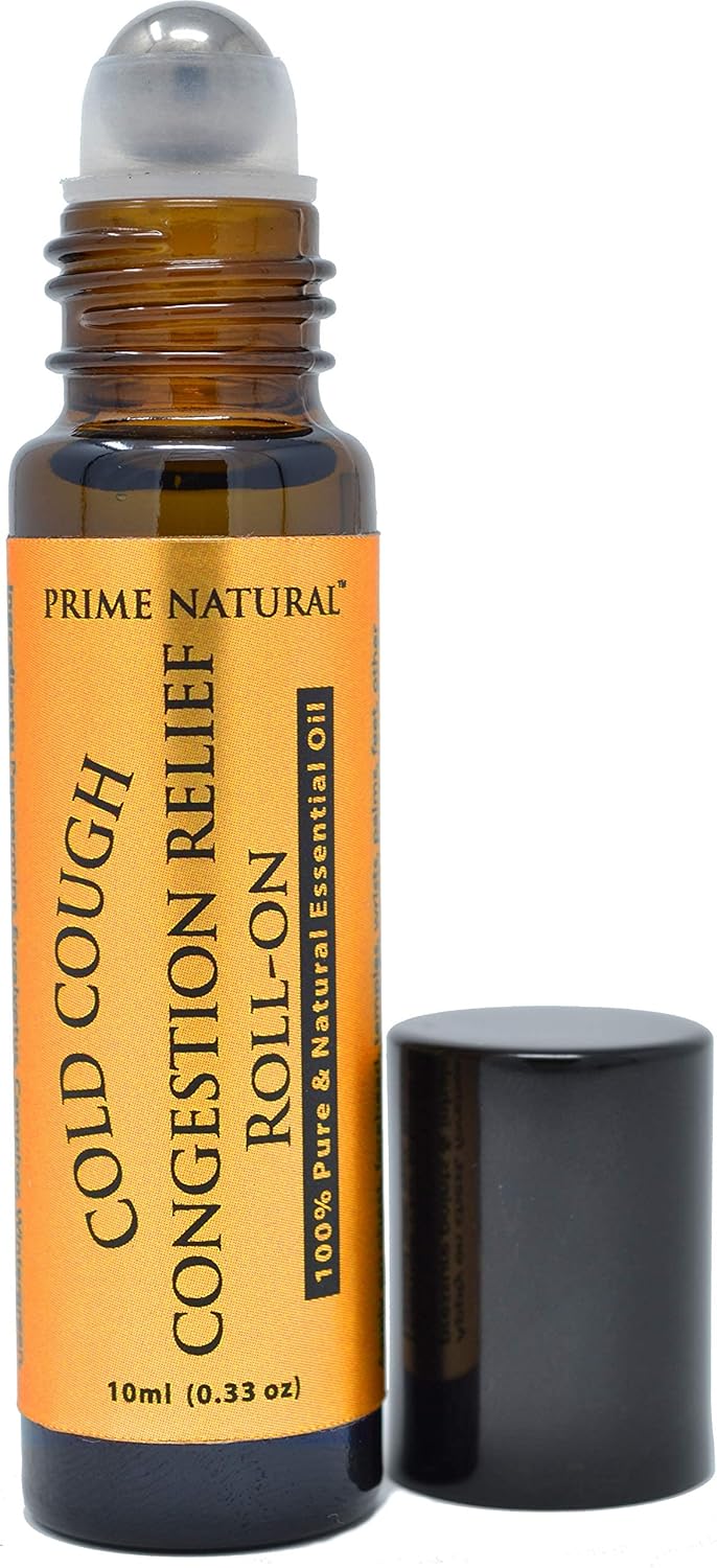 Prime Natural Cold Cough Congestion Relief Essential Oil Roll on (10ml), Pre-Diluted Ready to Use Roller for Sinus, Sore Muscle, Headache & Sleep