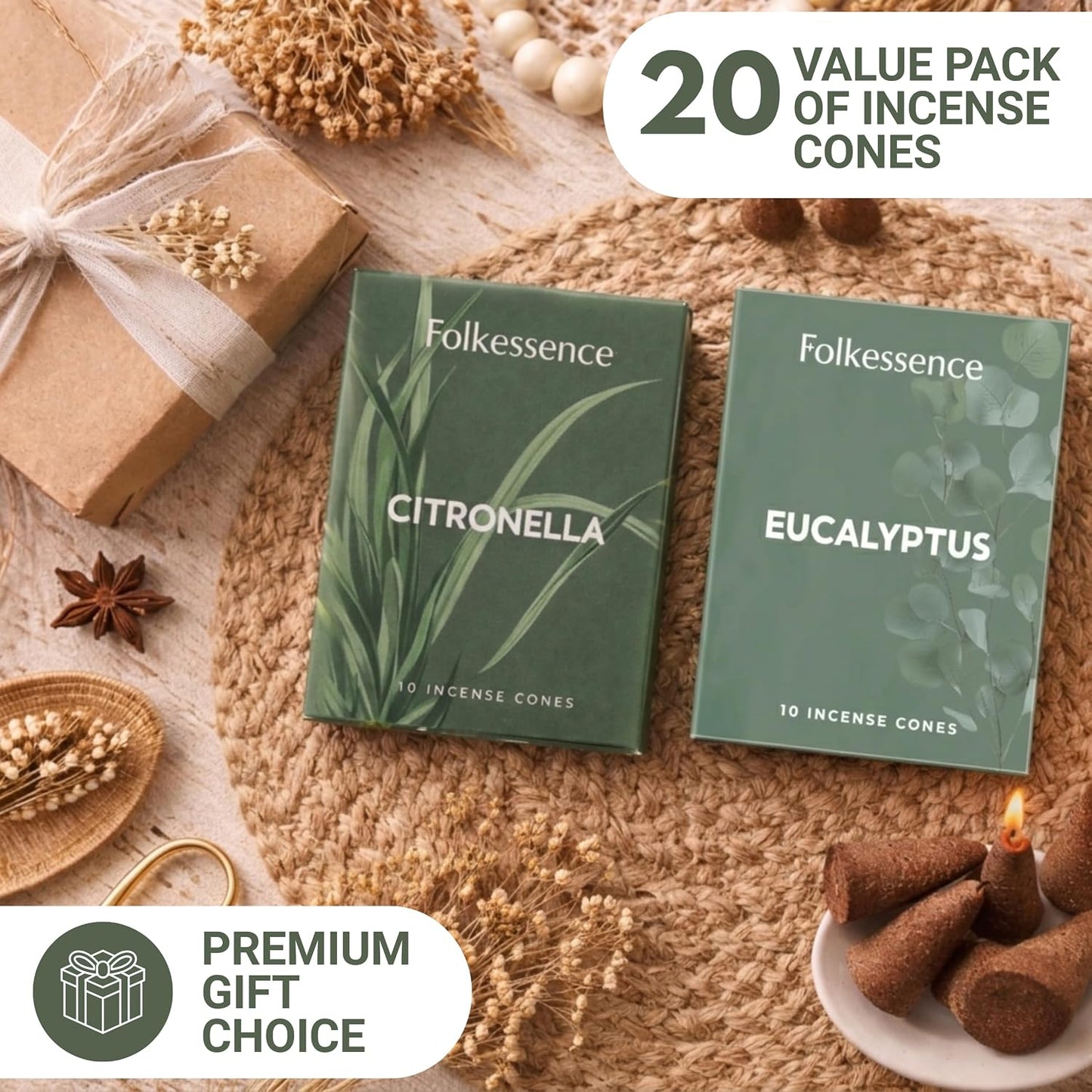 Folkulture Citronella Incense Cones (20 Cones) | Pack of 2 Citronella & Eucalyptus Outdoor Incense Cones for Camping Essentials, Apartment Patio Must Haves| Slow Burn, Non Toxic, Inscents-Cones