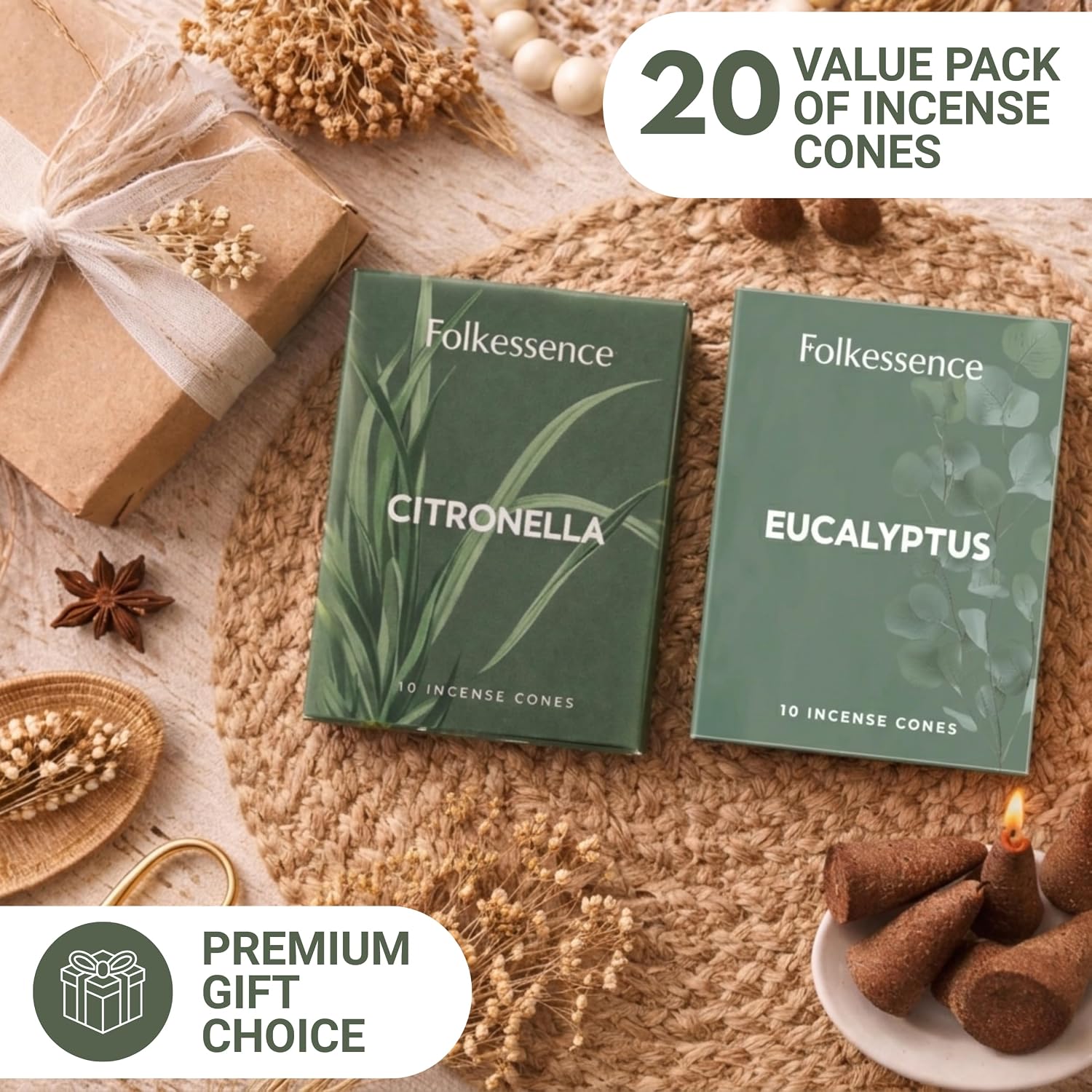 Folkulture Citronella Incense Cones (20 Cones) | Pack of 2 Citronella & Eucalyptus Outdoor Incense Cones for Camping Essentials, Apartment Patio Must Haves| Slow Burn, Non Toxic, Inscents-Cones