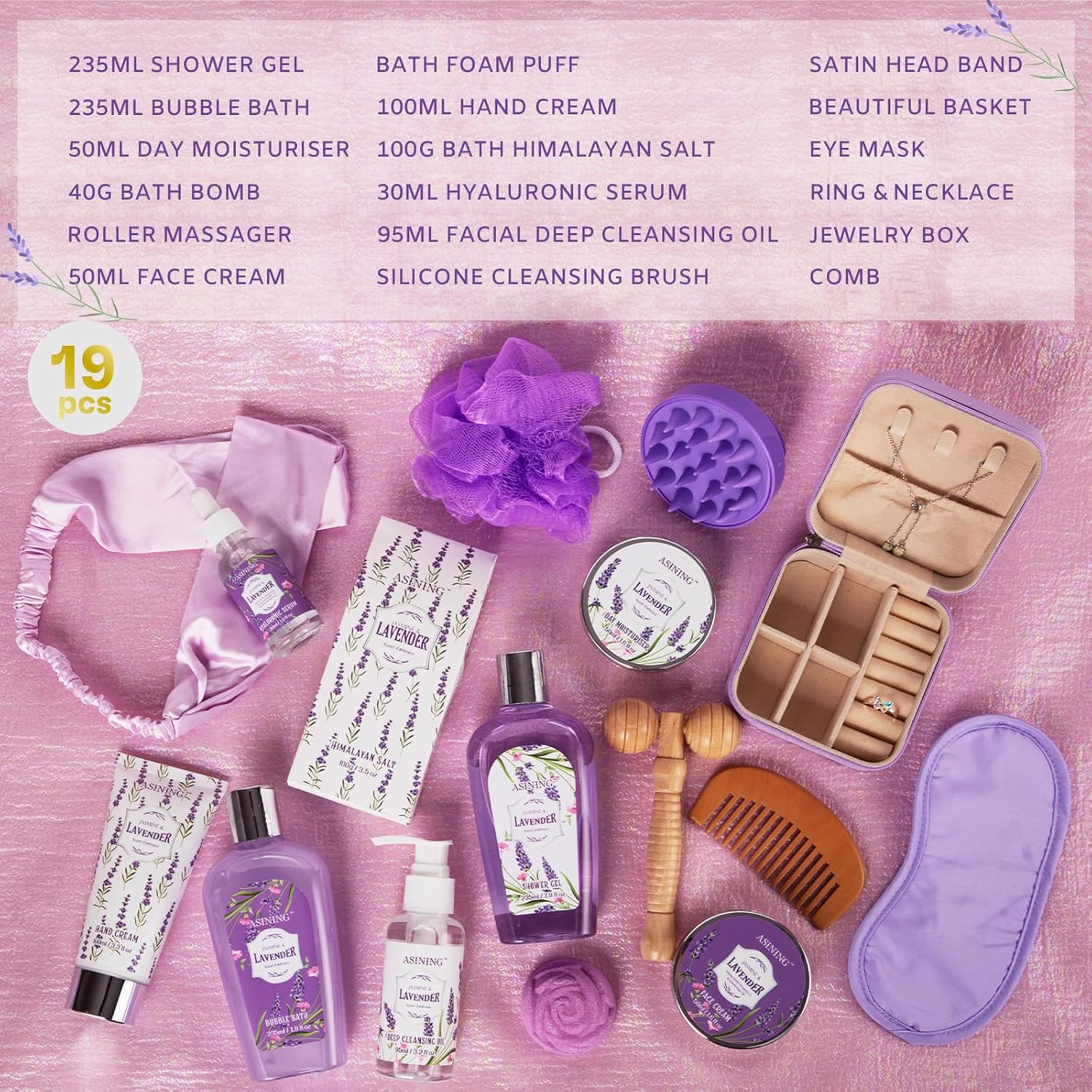 19-Pc Luxury Body Gift Set for Women, Lavender Bath and Body Gift Basket, Spa Gift Basket, Home Spa Gifts, Facial Care, Necklace, Skin Care gift set for Mother Day, Anniversary, Birthday, Christmas