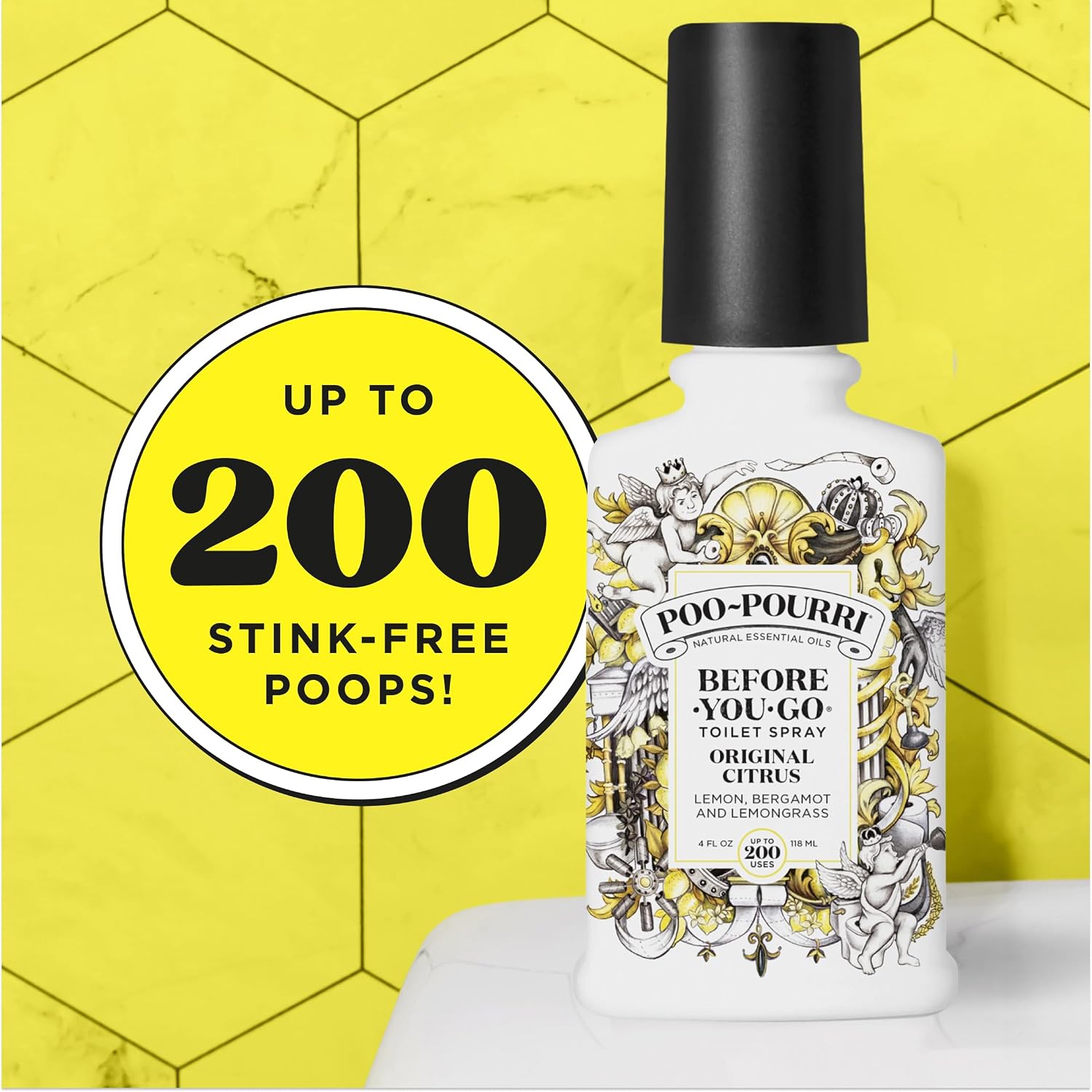 Poo-Pourri Before-You-Go Toilet Spray, Original Citrus, 4 Fl Oz, Up to 200 Uses, Bathroom Odor Deodorizer, Plant-Based with Essential Oils, for Home or Work, Lemon, Bergamot and Lemongrass Scent