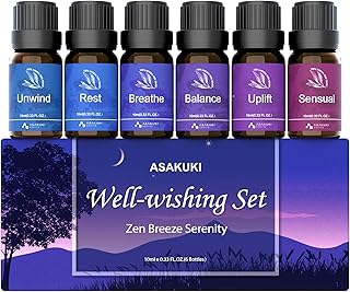 ASAKUKI Essential Oils for Diffuser –6 Mood Essential Oil Blends (Breathe, Uplift, Sensual, Balance, Unwind, Rest) for Morning to Night Rituals, Home & Daily Use- Gifts for Mom