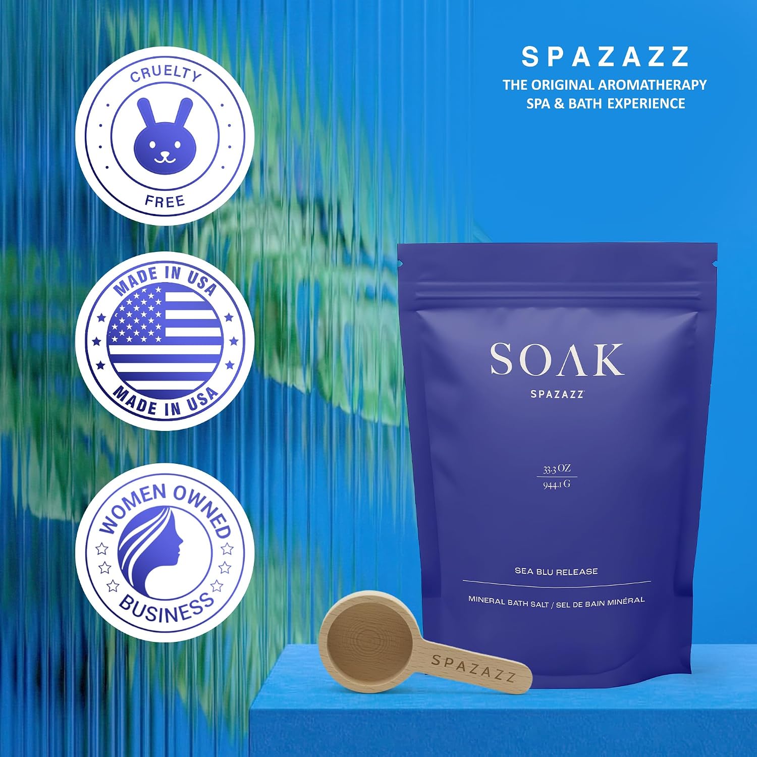 Spazazz Dead Sea Bath Salts with Magnesium & Arnica – Aromatherapy Mineral Bath Soak for Relaxation. Bathtub Soaking Salts – 33.3oz Salt Crystals with Bath Salt Scoop (Sea Blu Release)