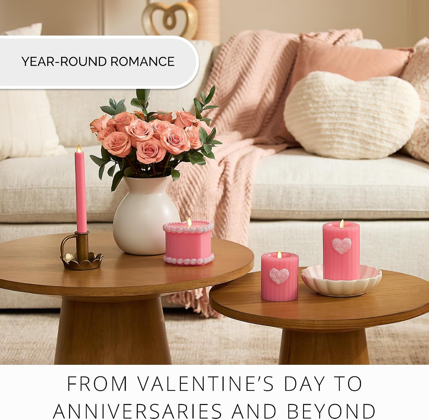 Luminara Flickering Flameless 3.7" x 4.5" Pillar Candle, Battery Operated Remote Ready (Sold Separately) & Timer Function, LED Light, Ribbed Real Pink Wax w/Embossed Heart Design for Valentine's Day