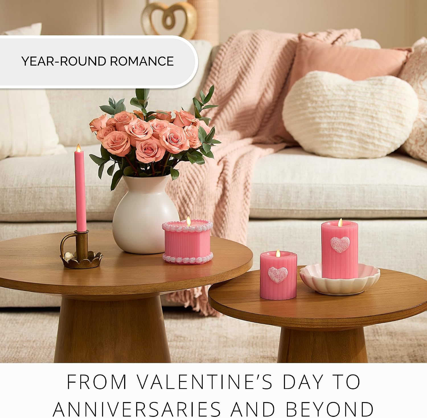 Luminara Flickering Flameless 3.7" x 4.5" Pillar Candle, Battery Operated Remote Ready (Sold Separately) & Timer Function, LED Light, Ribbed Real Pink Wax w/Embossed Heart Design for Valentine's Day