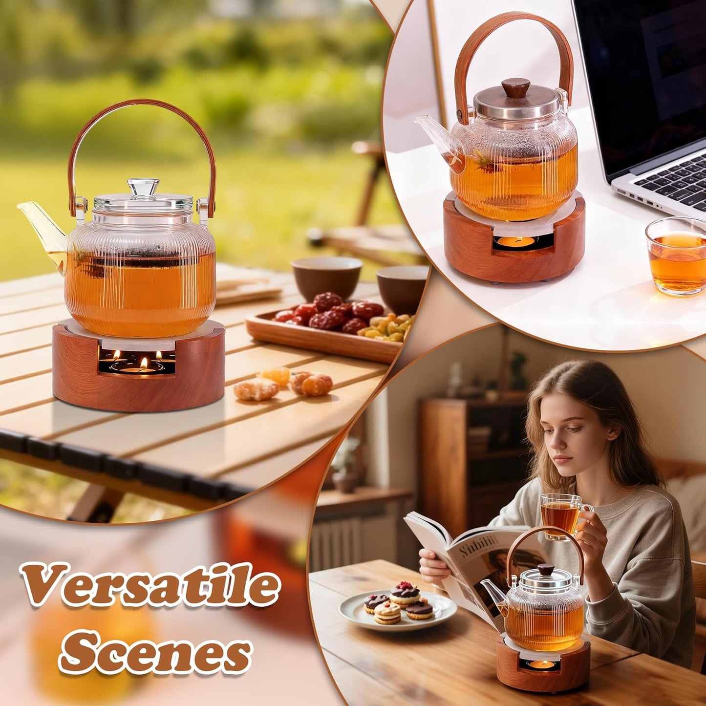 Teapot and Food Warmer, Portable Food Warmer for Camping and Traveling, Upgrade to 3 Candles to Increase The Heat, Ideal for Winter Tea Gathering