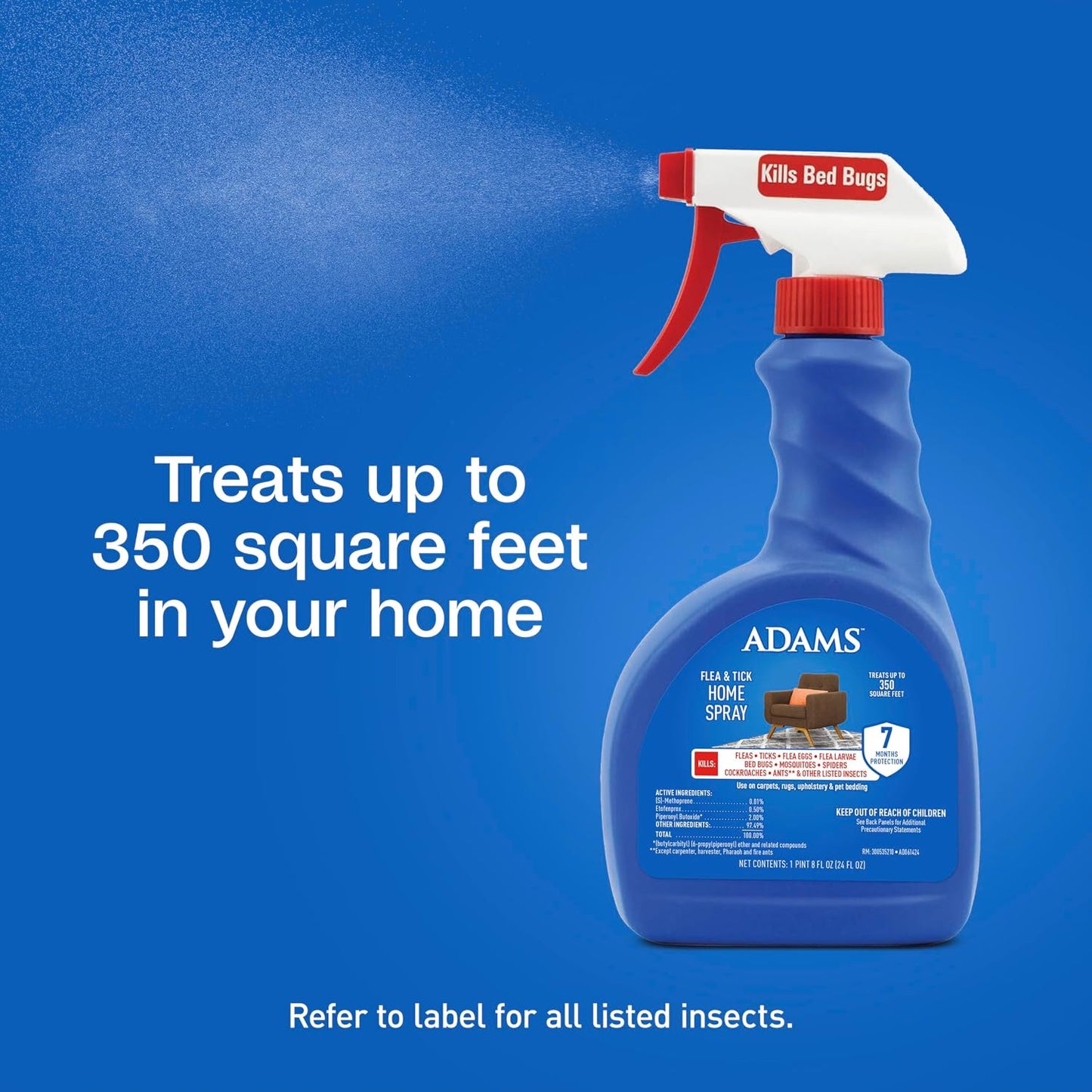 ADAMS Flea & Tick Home Spray for Indoor House Treatment, Tick and Flea Spray for Home, Carpet, Furniture & Pet Bedding, Controls Bed Bugs, Cockroaches, Spiders & Mosquitoes, 24 oz