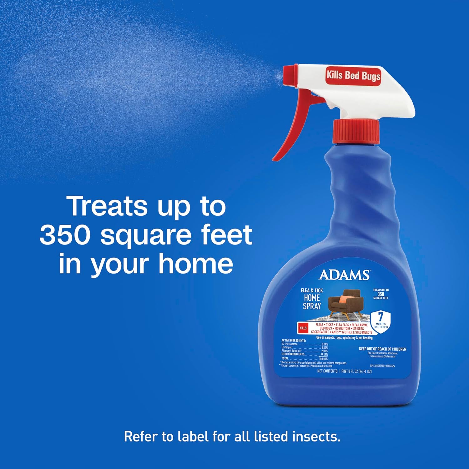 ADAMS Flea & Tick Home Spray for Indoor House Treatment, Tick and Flea Spray for Home, Carpet, Furniture & Pet Bedding, Controls Bed Bugs, Cockroaches, Spiders & Mosquitoes, 24 oz