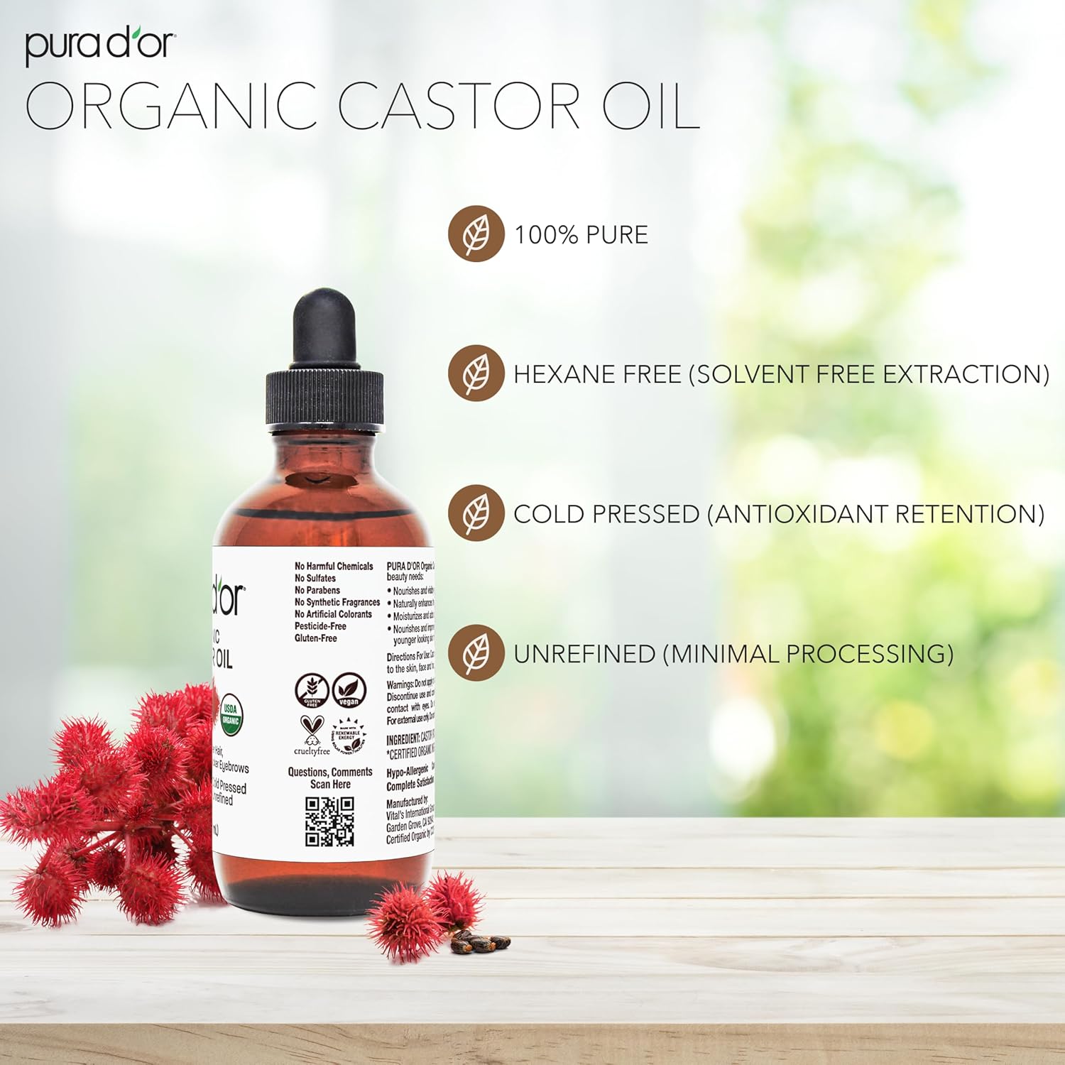 PURA D'OR Organic Castor Oil – Pure Cold-Pressed, Hexane-Free, USDA Certified - Hair, Lashes, Brows, Scalp, Skin: Supporting Softness, Strength, Hydration, Shine & Radiance 4 Oz Hair Regrowth Tonic