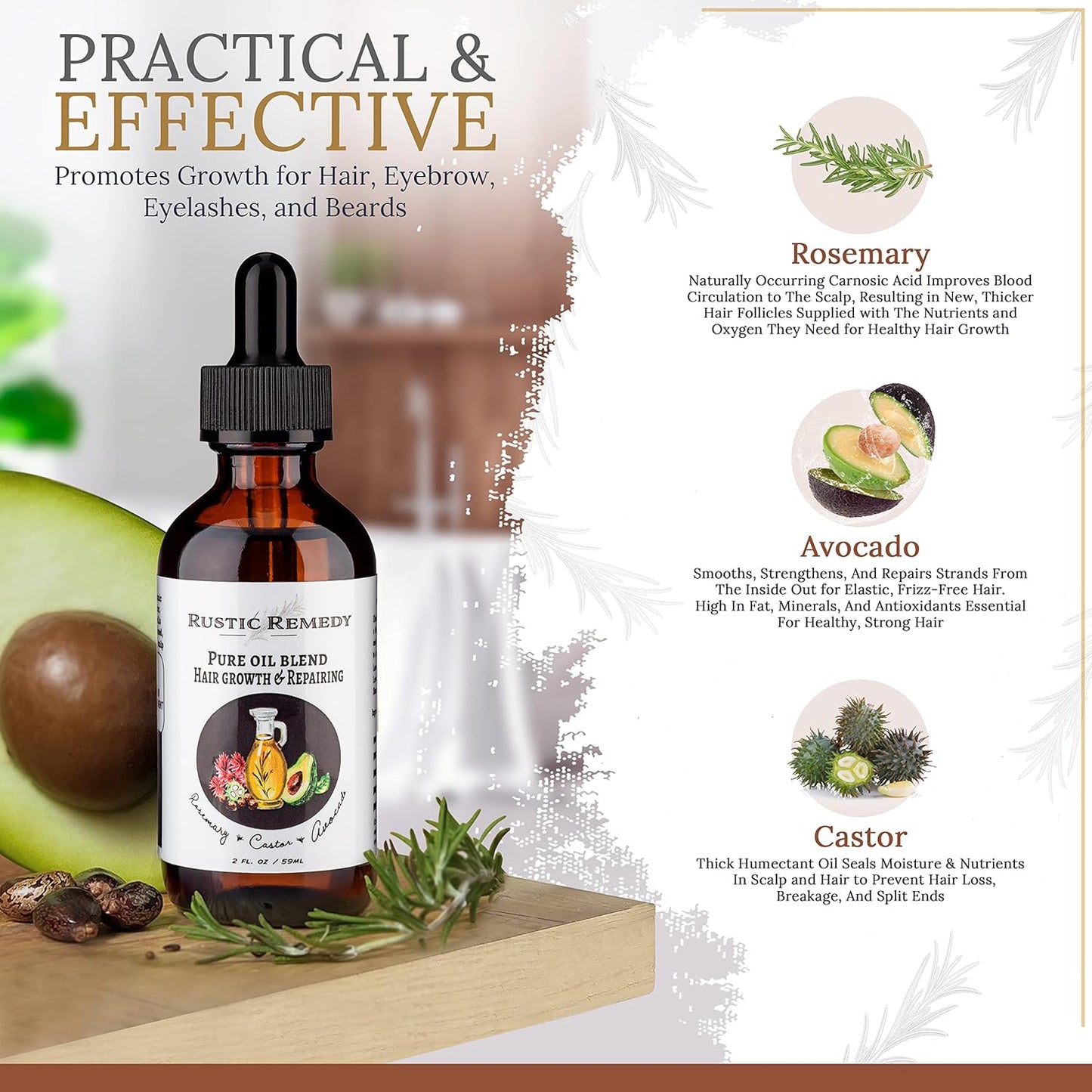 100% Organic, Cold-Pressed Rosemary, Castor and Avocado Oil | Growth & Frizz Repair Treatment (2 oz) | 100% Natural, Pure Oil for Dry Damaged Hair for Women and Men