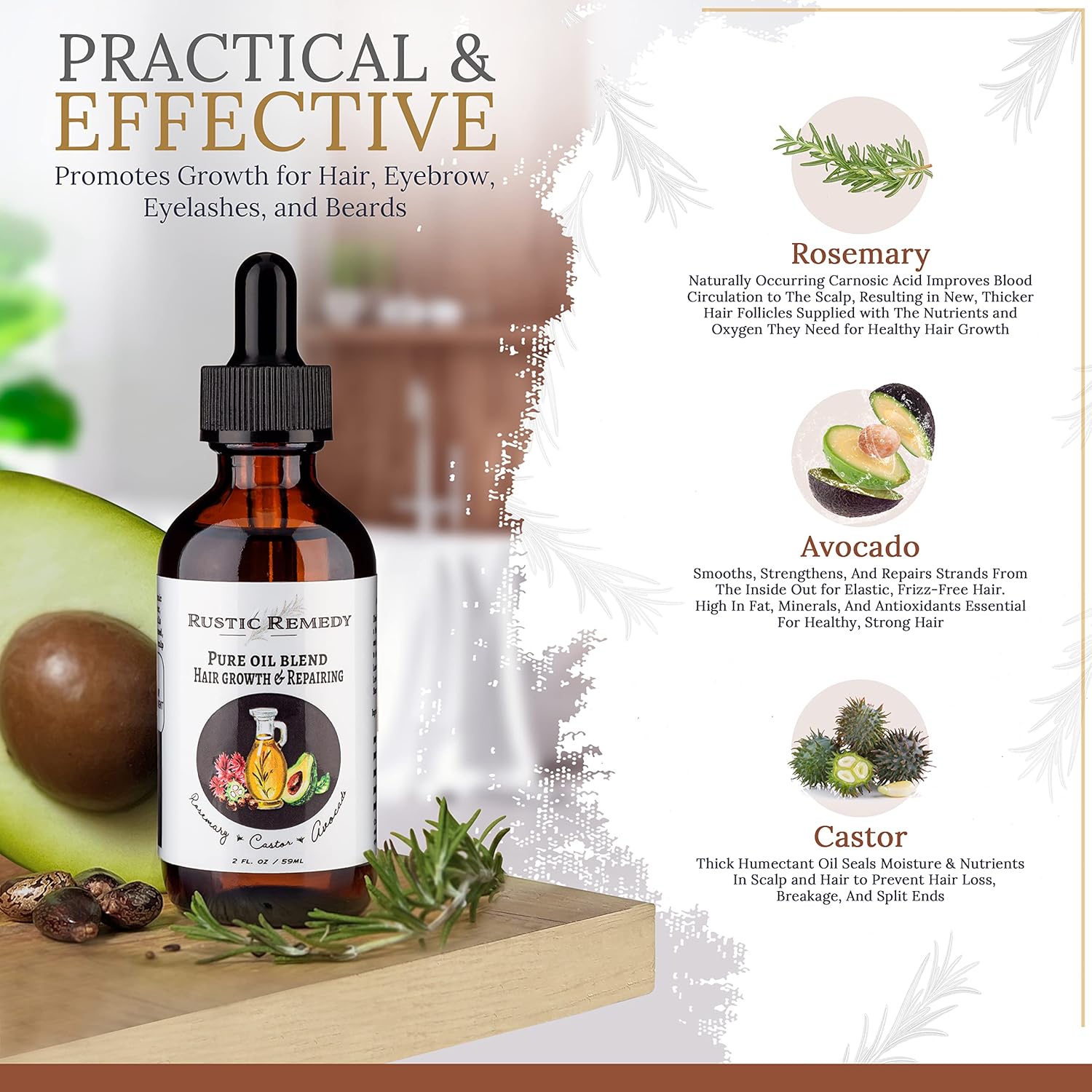 100% Organic, Cold-Pressed Rosemary, Castor and Avocado Oil | Growth & Frizz Repair Treatment (2 oz) | 100% Natural, Pure Oil for Dry Damaged Hair for Women and Men