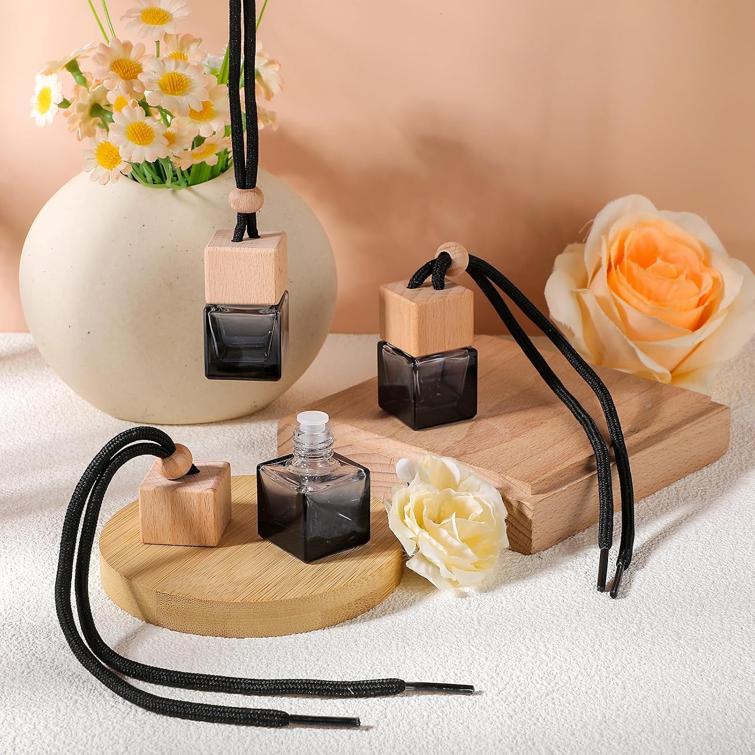 50 Pcs Hanging Car Air Freshener Car Diffuser Empty Glass Perfume Bottle Freshener Diffuser Pendant for Essential Oil Fragrance Aromatherapy Ornament (Black,Cube)