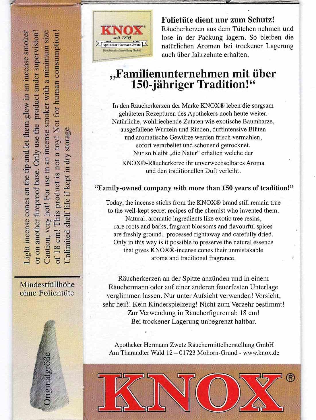Knox Vanilla Scent German Incense Cones Made in Germany for Christmas Smokers