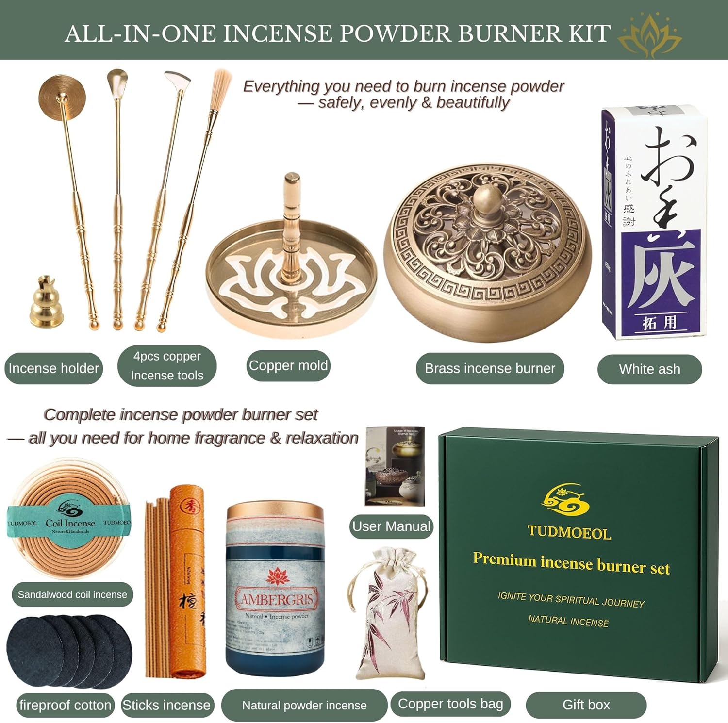 Powder Incense Burner Kit with Brass Censer, Incense Ash Tools and Mold Press Set, Complete Gift Box for Meditation, Yoga and Home Relaxation
