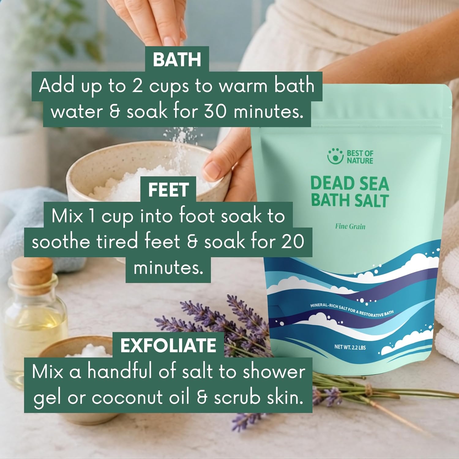 Best of Nature Dead Sea Salt 2.2 lb Fine Grain Bath Soak Salt, Mineral-Rich Crystals, Resealable Bag, Made in the USA