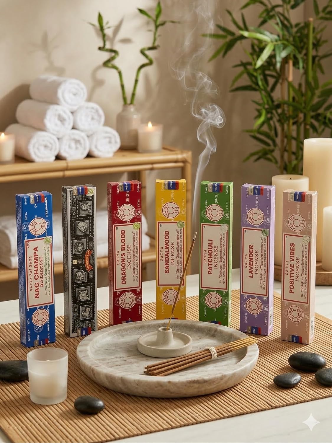 Satya Earth Masala Incense Sticks Variety Pack, Nag Champa, Sandalwood, Patchouli, Lavender, Dragon’s Blood & Positive Vibes Aromatherapy, Meditation & Yoga Incense –15g Each (Pack of 7)