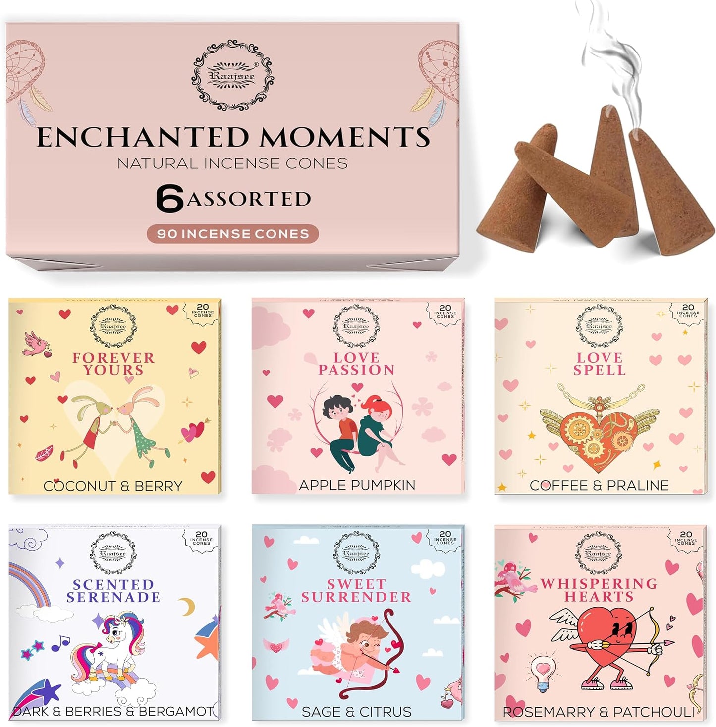Natural Incense Cones, 6 Pack Enchanted Moments Cone Incense Gift Pack 15 pc Each (90 Total), Insence Cones 100% Organic Non Toxic Natural