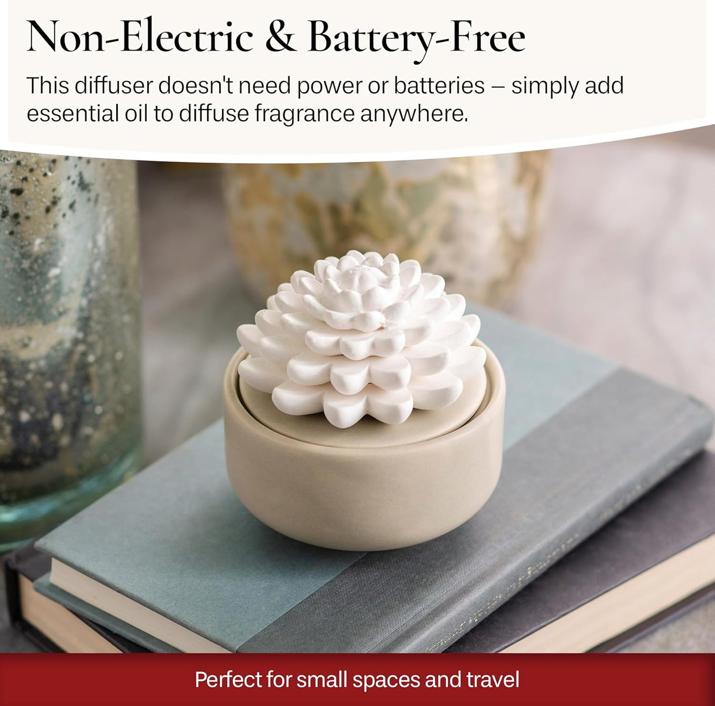 Airomé White Succulent, Porcelain Passive Essential Oil Diffuser (with 15ml Peppermint Essential Oil) – Non-Electric, Battery-Free, Improves Sleep, and Relieves Stress