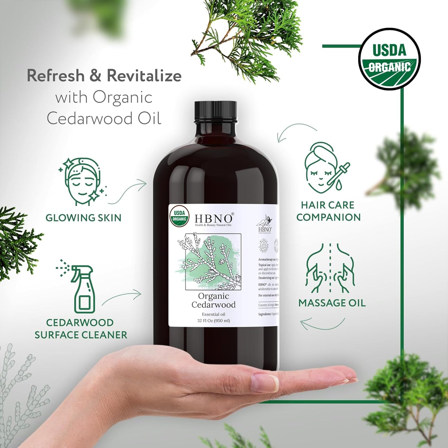 HBNO Organic Cedarwood Oil - Huge 32 oz (950ml) Large Size - Ideal for Diffusers, Cleaning Agents, Deodorizers.