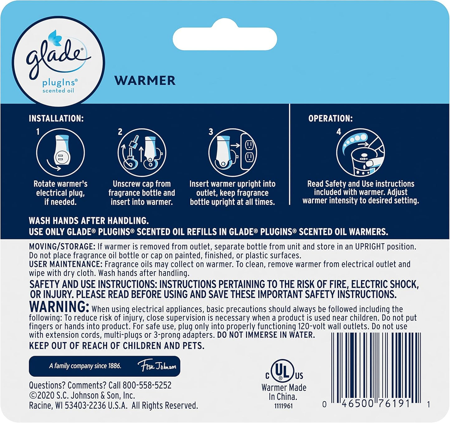 Glade PlugIns Air Freshener Warmer, Scented and Essential Oils for Home and Bathroom, Up to 70 Days on Low Setting, 2 Count