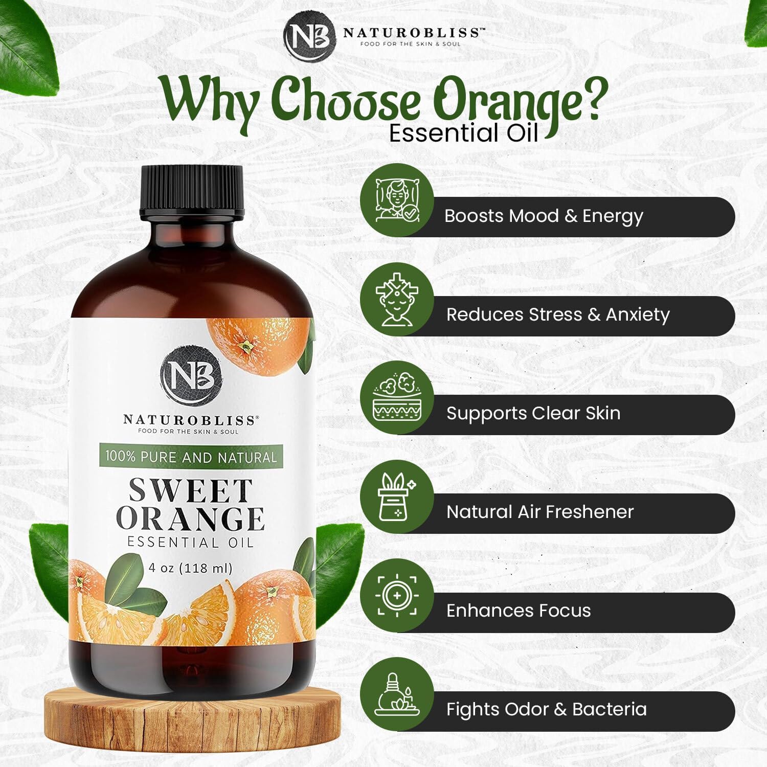 NaturoBliss 100% Pure & Natural Sweet Orange Essential Oil Therapeutic Grade Premium Quality Oil with Glass Dropper - Huge 4 fl. Oz - Perfect for Aromatherapy and Relaxation