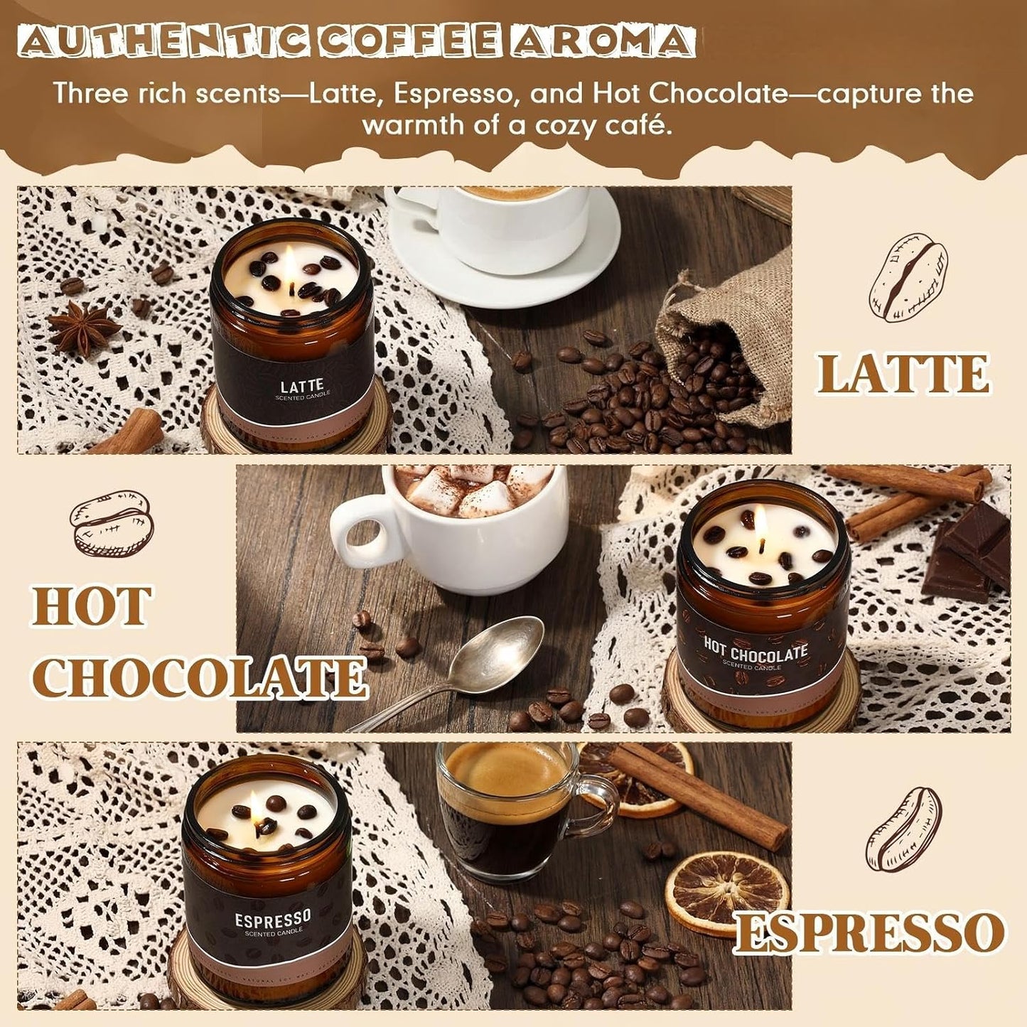 Fullhawl 3 Pack Coffee Scented Candles Gifts Set 7oz Soy Wax Espresso Latte Hot Cocoa Scents Jar Candles with Gift Boxes Long-Lasting Scents for Coffee Lovers Women and Men Home Fragrance Decoration