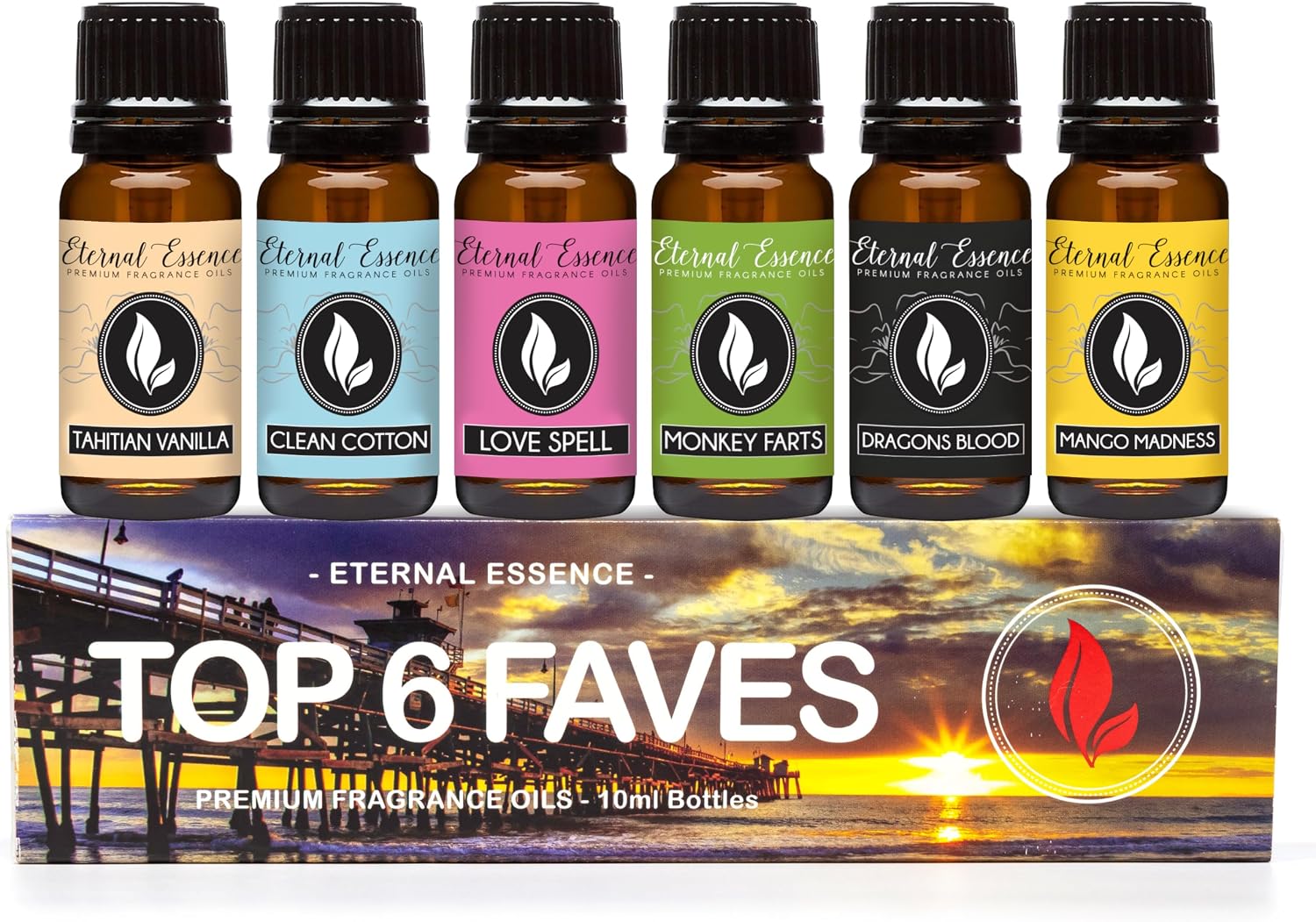 Top 6 Faves - Set of 6 Premium Fragrance Oils - Love Spell, Tahitian Vanilla, Clean Cotton, Mango, Dragon's Blood and Monkey Farts - 10ML