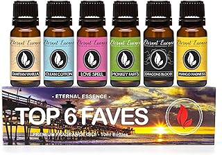 Top 6 Faves - Set of 6 Premium Fragrance Oils - Love Spell, Tahitian Vanilla, Clean Cotton, Mango, Dragon's Blood and Monkey Farts - 10ML