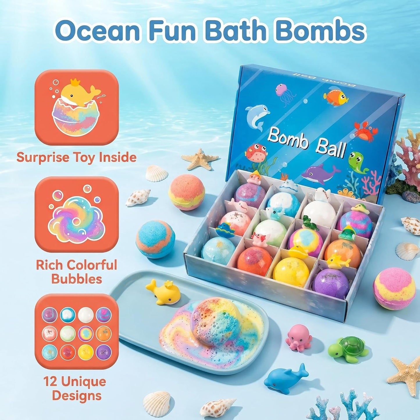 Ocean-Themed Bath Bombs for Kids with Surprise Toys Inside, Natural Essential Oil Bath Fizzies Organic Shea Butter & Sea Salt - Birthday Gifts for Boys & Girls (12pcs)