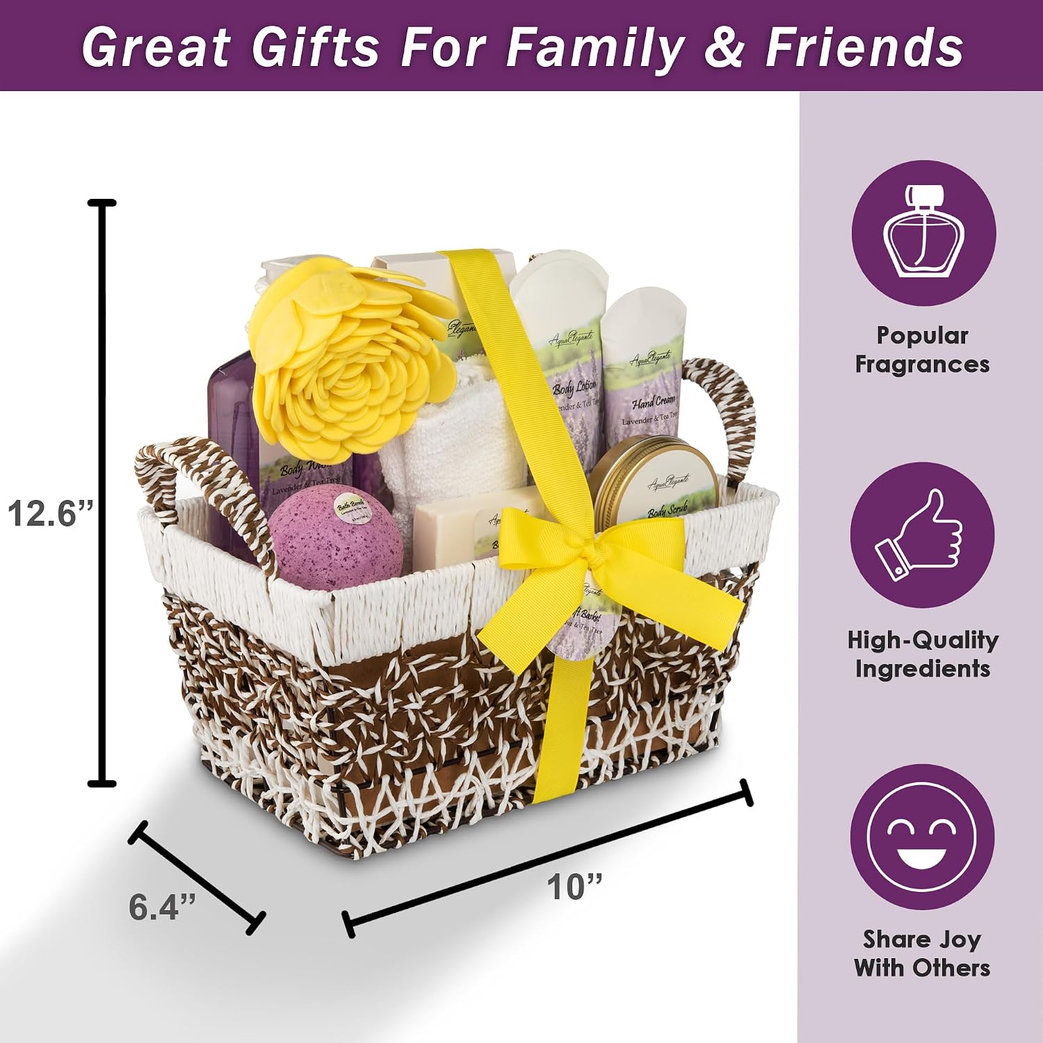 Aqua Elegante Bath Basket For Women - Deluxe Spa Set with Wash, Bubble Bath, Lotion, Salts, Body Scrub, Towel, Shower Puff, Bathbombs, Reusable Basket, Gifts for Mom, Wife, Her - Lavender & Tea Tree