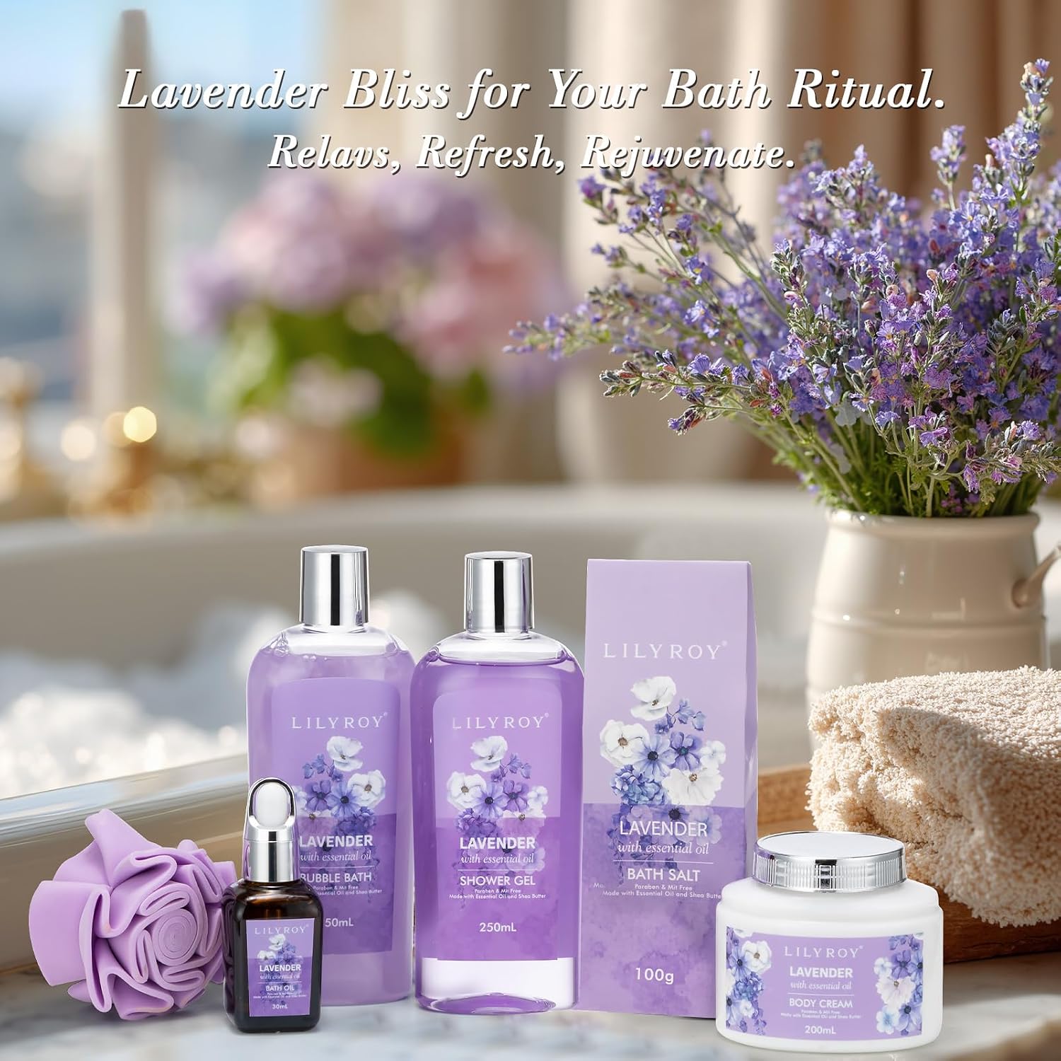Gifts for Women, Birthday Gift - Lavender Bath and Body Gift Set, Spa Gift Basket for Women | Mothers Day Gifts for Mom, Self Care, Spa Gift for Valentines Day, Christmas Gift, All Occasion