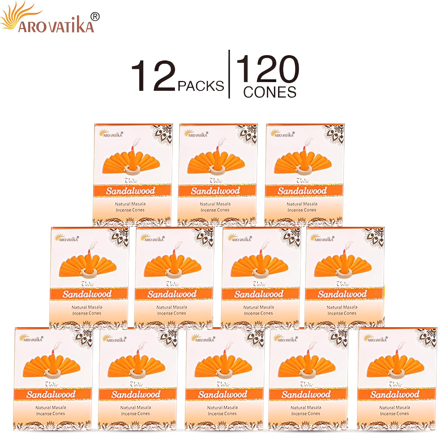 ARO VATIKA Vedic Sandalwood Natural Masala 120 Incense Cones in Pack of 12 Boxes |12 Assorted Fragrances Dhoop Cones | Best for Prayer, Reiki, Meditation and Relaxation | Burn time- 25 Mins
