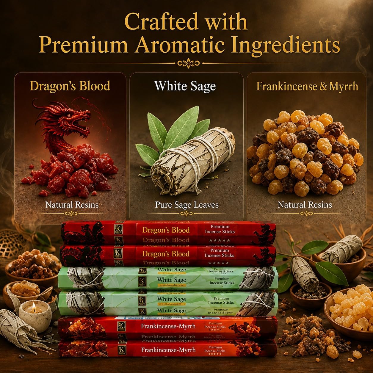 Incense Sticks Variety Pack | Dragon’s Blood, Frankincense & Myrrh & White Sage -120 Sticks | with Free Wooden Holder | Smudging Kit for Home Fragrance, Meditation & Yoga | Krishnascents