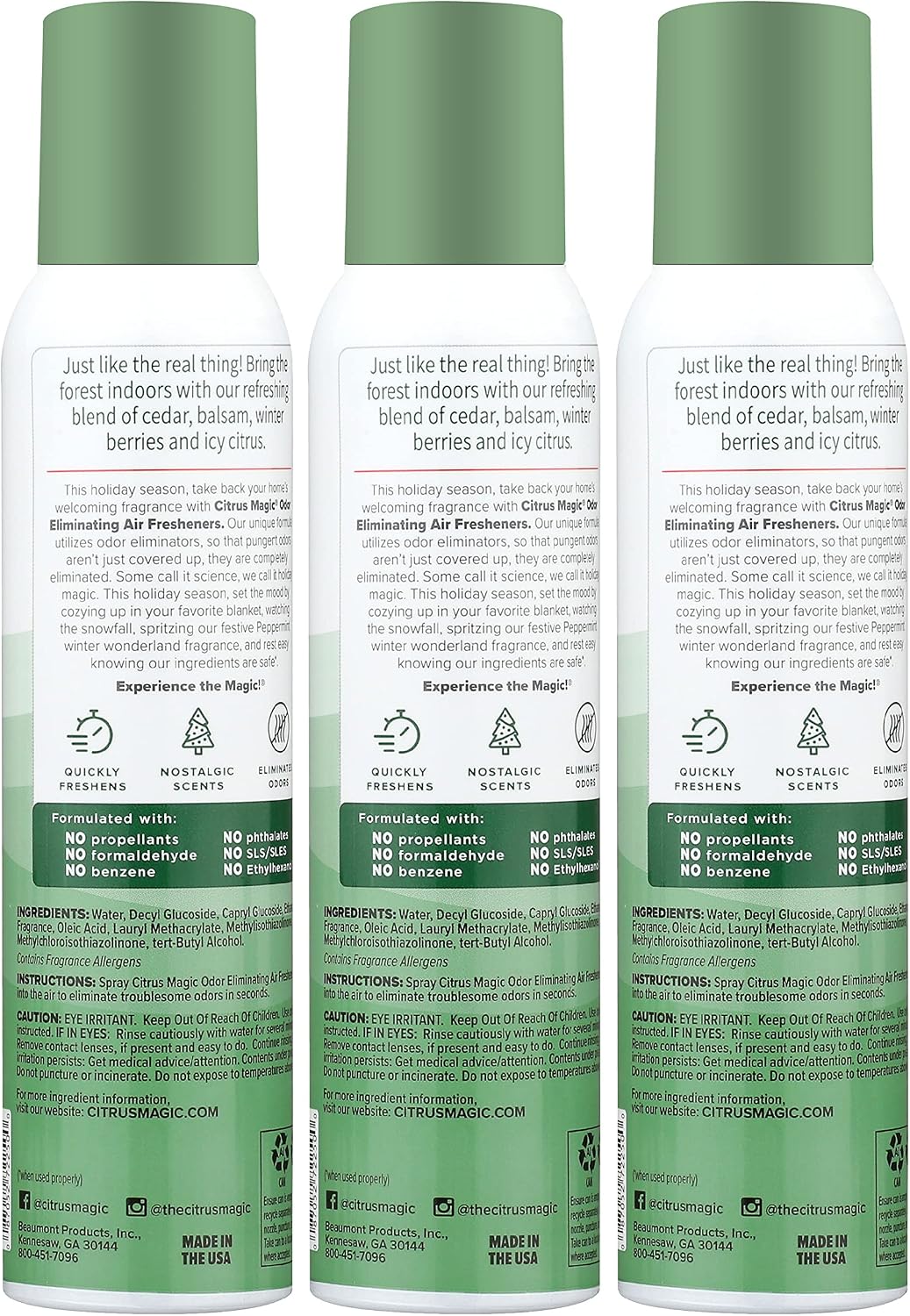 Citrus Magic Holiday Odor Eliminating Air Freshener Spray, Winter Wonder Green, 3-Ounce, Pack of 3