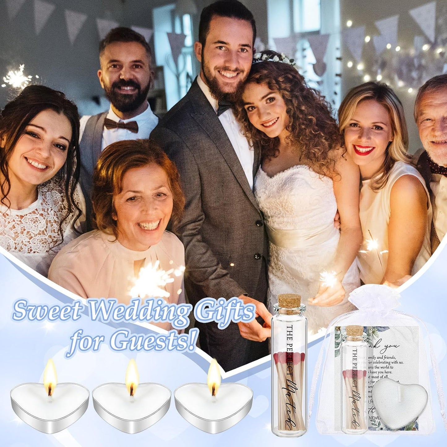 50 Sets Wedding Party Favors for Guests Bulk Including Heart Shaped Candles and Empty Matches Jars with Cork Top Thank You Cards and Organza Bags for Wedding Bridal Shower Party (Blue Flower)