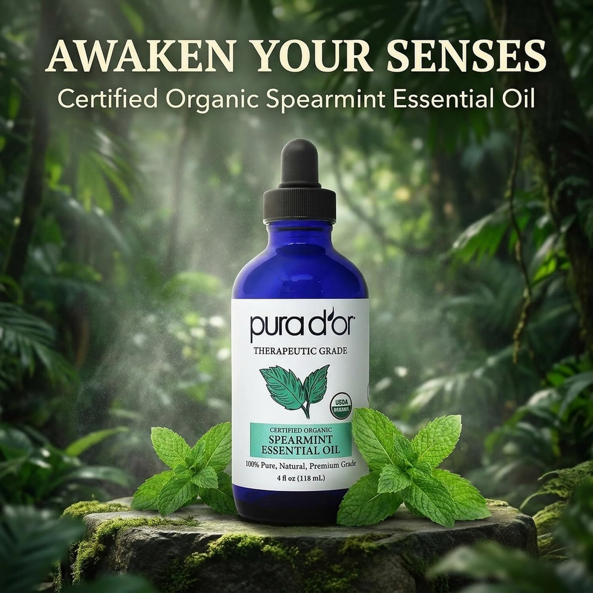 PURA D'OR Organic Spearmint Essential Oil (4oz with Glass Dropper) USDA Certified 100% Pure & Natural Therapeutic Grade