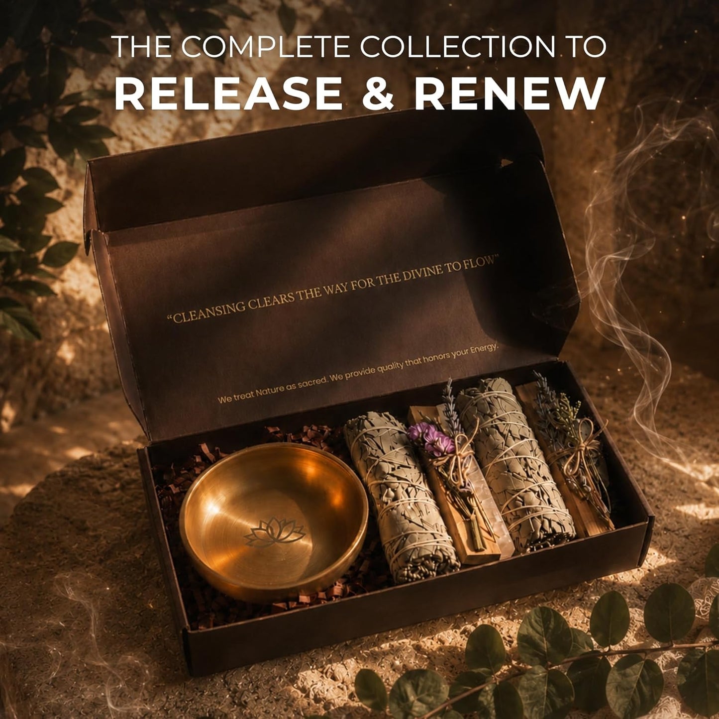 Anima Premium Energy Cleansing Set – White Sage Smudge Sticks, Palo Santo Sticks, Clear Quartz & Selenite Crystal with Smudge Bowl for Crystals & Home Cleansing, Meditation & Manifestation