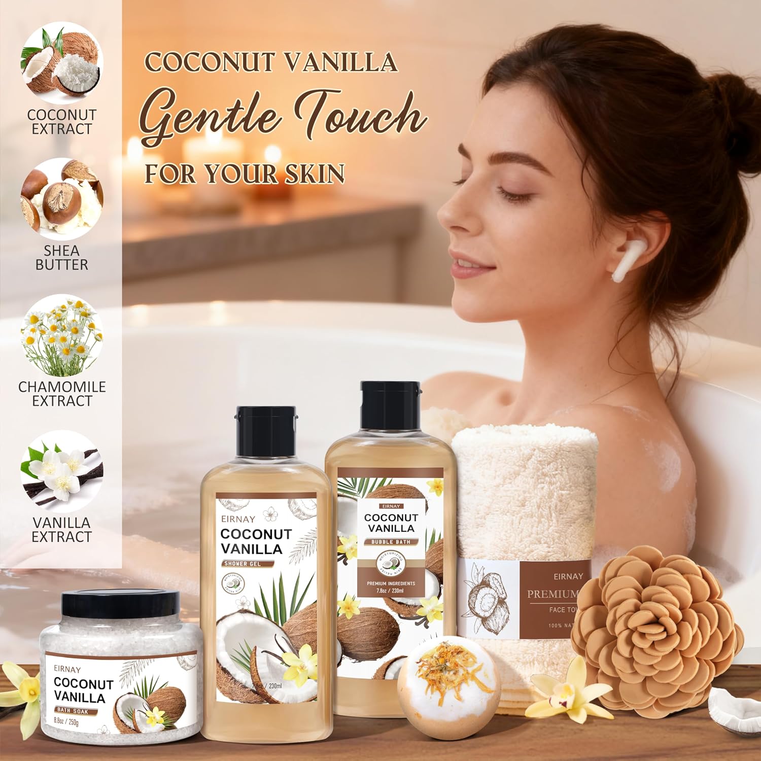 Gifts For Women - 16 PCS Birthday Gift Basket for Women Set of Coconut Vanilla Self Pampering Set, Includes Luxurious Home Spa Shower Gel Bubble Bath