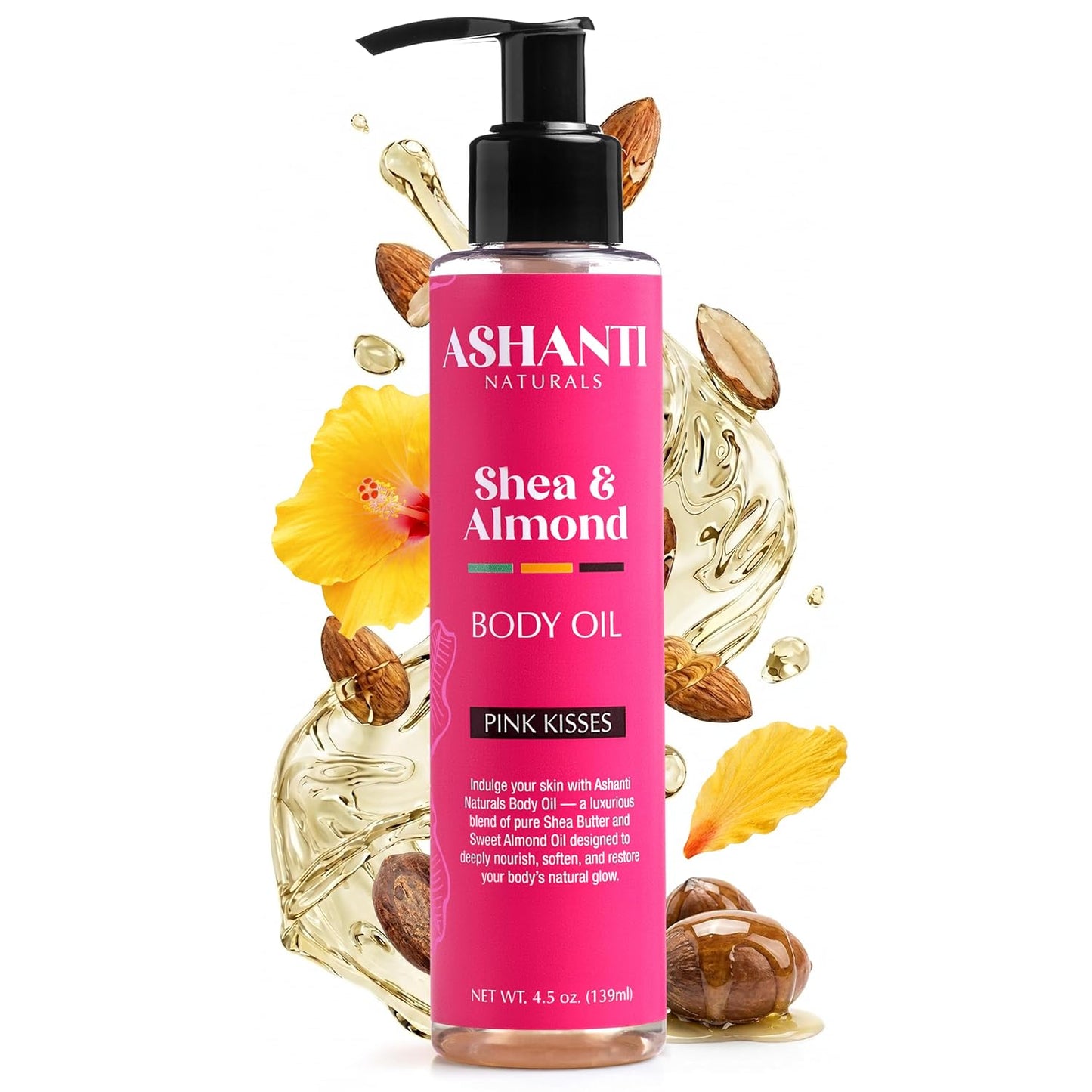 Ashanti Naturals Pure Shea and Sweet Almond Oil for Hair and Skin | Moisturizing Body Oil for Dry Skin, Scalp and Hair [Fragrance: Pink Kisses, 4 oz]