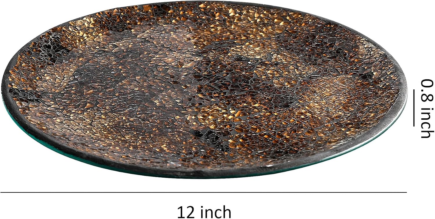Handcrafted 12” Mosaic Glass Tray – Decorative Display Plate for Candles, Potpourri, Orbs & Home Accent Displays (Tortoiseshell)