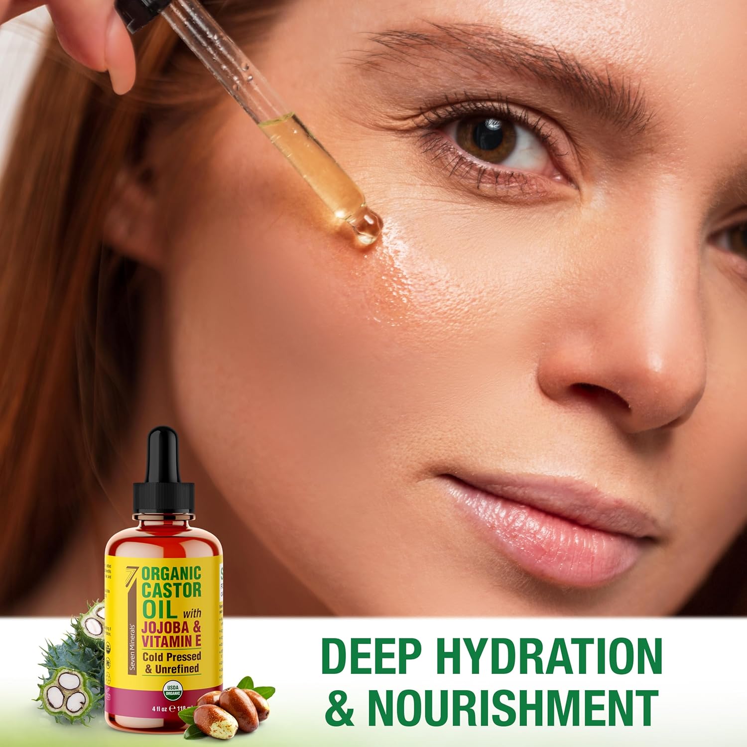 Seven Minerals Organic Castor Oil with Jojoba & Vitamin E for Eyelashes, Eyebrows, Face & Hair Growth - Glass Bottle, Cold Pressed & Hexane Free - Hydrates & Boosts Natural Hair Growth - 4 fl oz