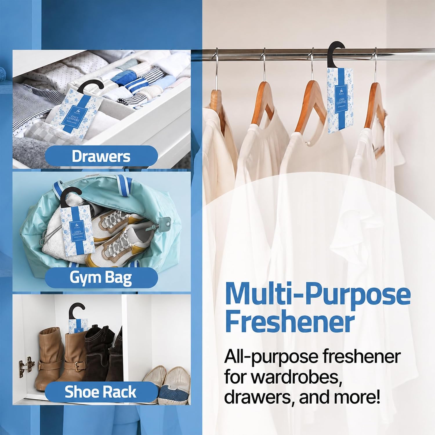 Closet Deodorizer Linen Scented 12 Pack Sachets | Odor Eliminator for Small Spaces | for Wardrobe, Storage, Cabinet, Shoes & Lockers | Long Lasting Fragrance | Linen Scent Closet Freshener by Perfa